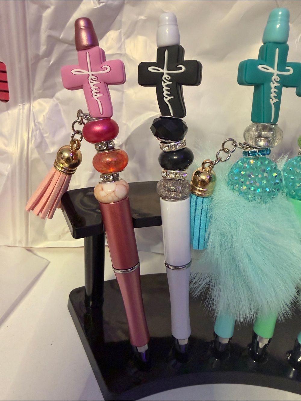 CHRISTIAN Custom Cross Charm Pens with Tassels & Fur - Teal, Pink, Black, White - Picture 3 of 5